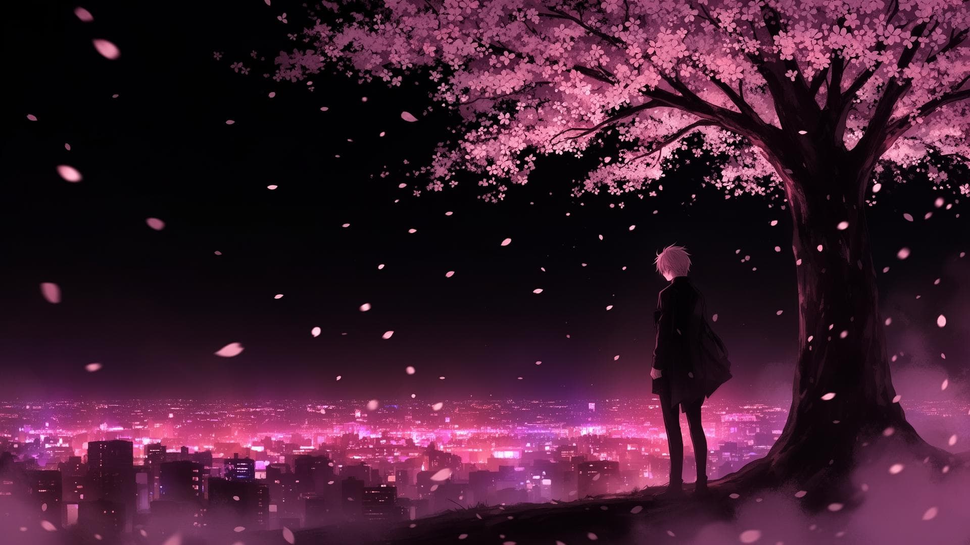 Lone figure under a cherry blossom tree above a glowing night city