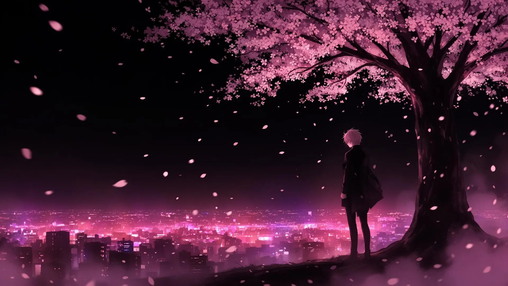 Lone figure under a cherry blossom tree above a glowing night city